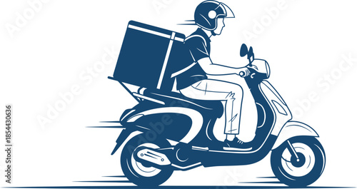 A delivery person riding a scooter with a large box