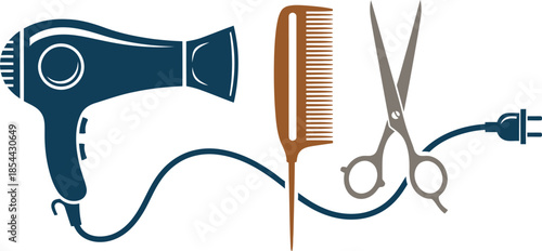 Hair styling tools a blow dryer comb and scissors for salon or personal grooming and hairstyling needs every day