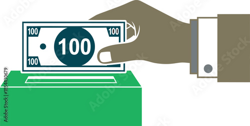 An illustration of corruption with a hand bribing 100 dollar bill from a green box