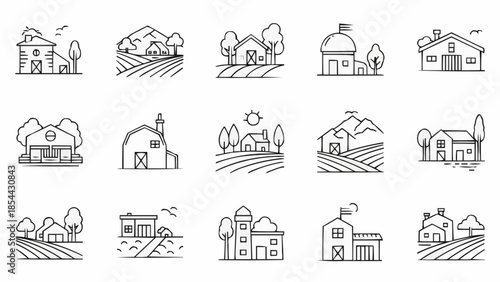 Collection of hand drawn farm buildings and landscapes in sketch style.