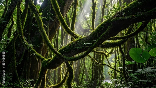 Ethereal Sunbeams Illuminate Ancient Moss-Covered Lianas and Trees in a Vibrant Tropical Rainforest.