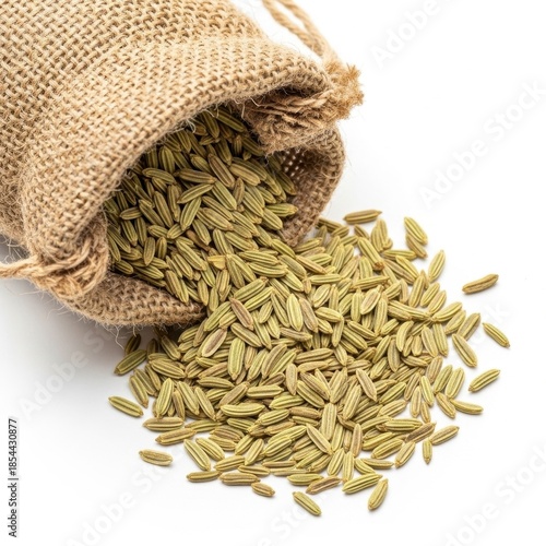 Aromatic fennel seeds spilling out of a rustic burlap bag on clean white backdrop
