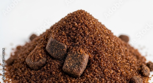 Aromatic pile of dark brown sugar crystals and cubes ready to sweeten desserts and beverages for