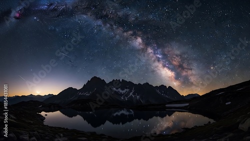 Cosmic Night: Milky Way  Shooting Stars Reflected in Tranquil Alpine Lake Moonlit Peaks.
