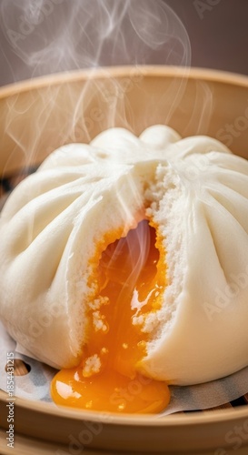 Aromatic Steamed Bun Bursting with Savory Filling in Bamboo Steamer Presentation