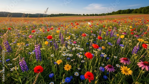 Vibrant Wildflower Meadow Bathed in Golden Light Featuring Red Poppies Purple Lupines White Daisies and Blue Cornflowers.