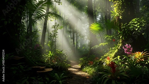 Golden Sunbeams Pierce Lush Tropical Rainforest Canopy Illuminating a Winding Path Amidst Vibrant Foliage.