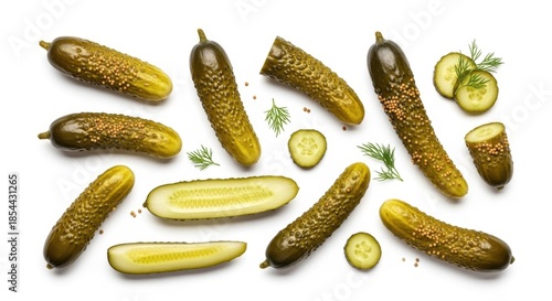 Arrangement of brined pickles with dill sprigs against a white backdrop creating a visually