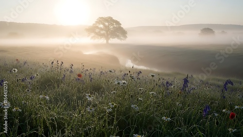 Golden Misty Sunrise: Dew-Kissed Wildflowers Solitary Tree Winding River Landscape.