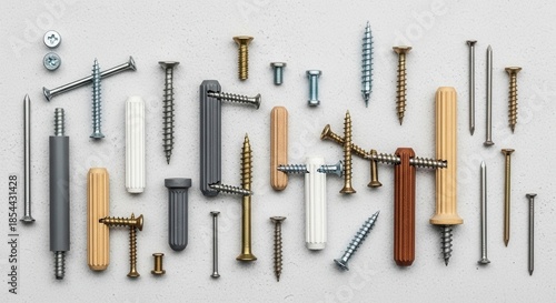 Arrangement of fasteners and connectors, including screws, nails, dowels, and cam locks against a