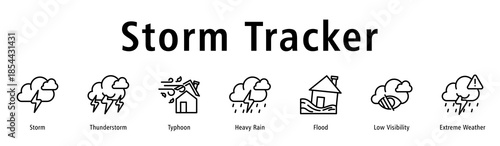 Storm Tracker web banner icon vector illustration with icons of Storm, Thunderstorm, Typhoon, Heavy Rain, Flood, Low Visibility, and Extreme Weather.