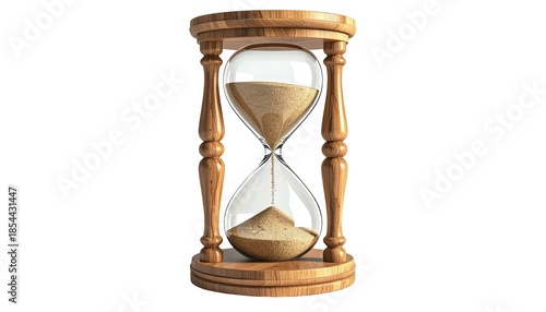 Wooden hourglass with sand flowing through a clear glass center