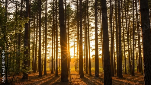 Radiant Golden Sunburst Illuminating a Serene Pine Forest with Tall Trunks and Long Shadows at Dawn.