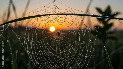 Sparkling Dewdrop Spider Web at Golden Sunrise Intricate Natures Art with Patient Spider.