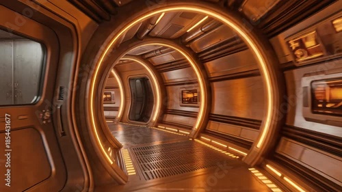 Futuristic SciFi Corridor with Orange Lighting and Digital Displays Cinematic View Down a Circular Metal Space Station Tunnel