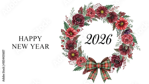 Happy New Year 2026 Floral Wreath Watercolor Illustration with Bow on White Background