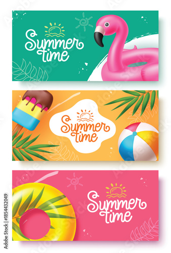 Summer time greeting vector banner design. Summer time greeting text with colorful floaters, Popsicle and palm leaves decoration elements. Vector illustration summer seasonal collection