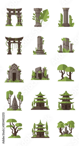 Collection of ancient architectural elements and overgrown ruins.