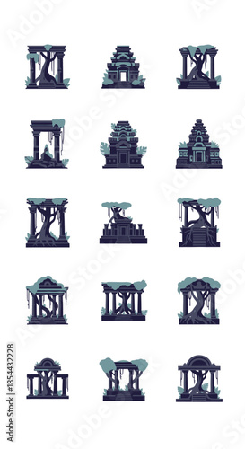 Collection of Ancient Overgrown Temple Ruins Illustrations.