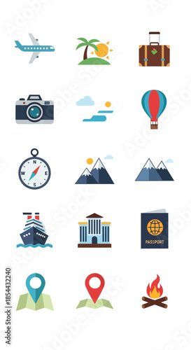 Collection of colorful travel and vacation icons for tourism and adventure.