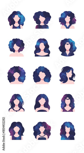 Collection of diverse female avatars showcasing various dark colored hairstyles and hair types.