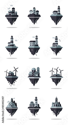 Collection of Floating Islands with Diverse Architectural Structures.