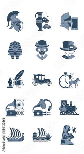 Collection of Historical and Vintage Icons Representing Ancient Civilizations and Inventions.