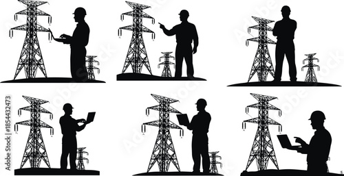 Electrical engineer silhouettes, transmission tower inspection, power grid maintenance, infrastructure analysis, utility fieldwork, high voltage safety, technical illustration, energy audit