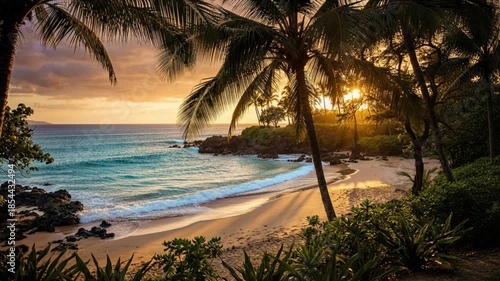Golden Hour Tropical Beach Paradise With Palm Trees And Turquoise Ocean Waves At Sunset