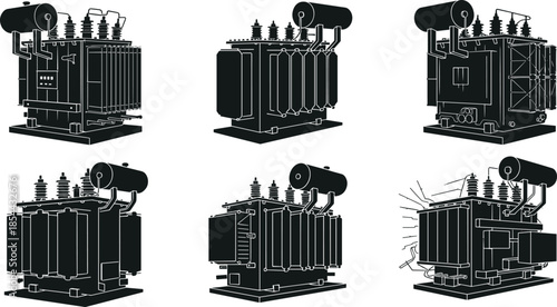 Electrical transformer silhouettes, industrial vector, power substation equipment, black and white, technical illustration, energy infrastructure, schematic view, utility design