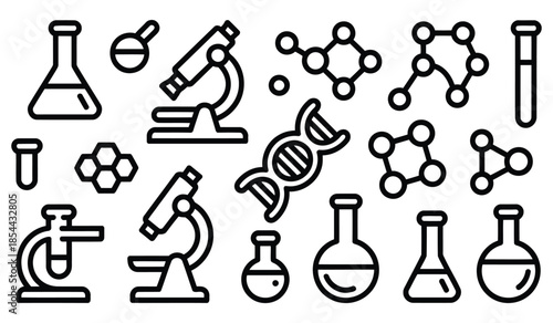 Science and chemistry black outline icons set laboratory equipment vector illustration