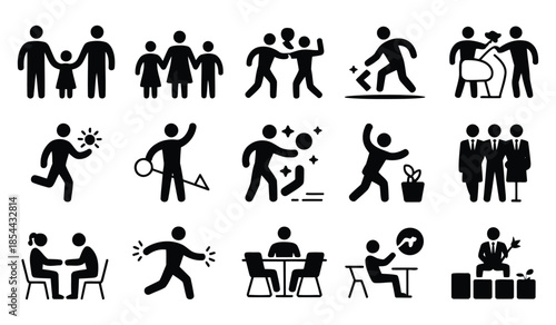 People black icons set various human actions relationships isolated vector illustration