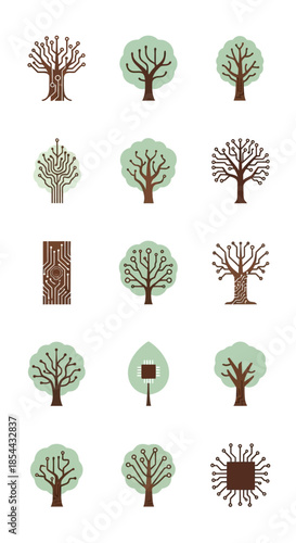 Digital trees and circuit board patterns representing nature technology fusion.