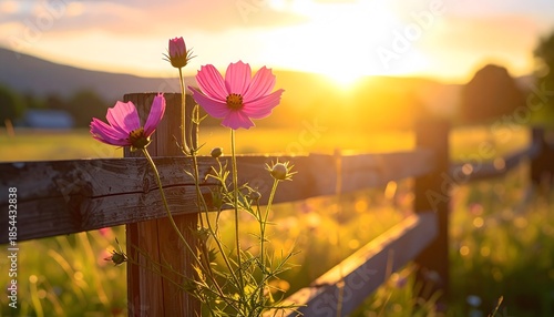 Wildflowers growing through wooden fence gap