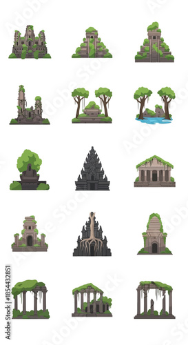 Diverse collection of ancient ruins and historical temples illustrations.