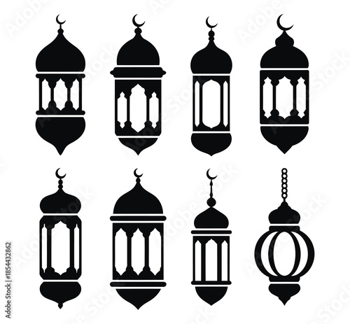 Ramadan lantern black silhouettes set traditional islamic symbol vector illustration