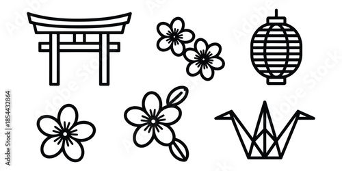 Japanese symbols icons set traditional culture and art elements