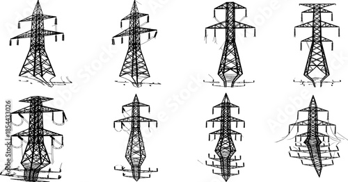 Electricity transmission tower silhouettes collection, high voltage power line pylons set, industrial energy infrastructure illustration isolated white background vector design