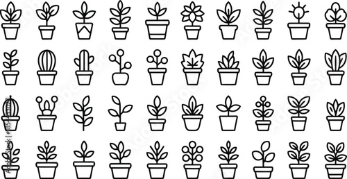 Collection of various potted plants and cactus icons, line art.