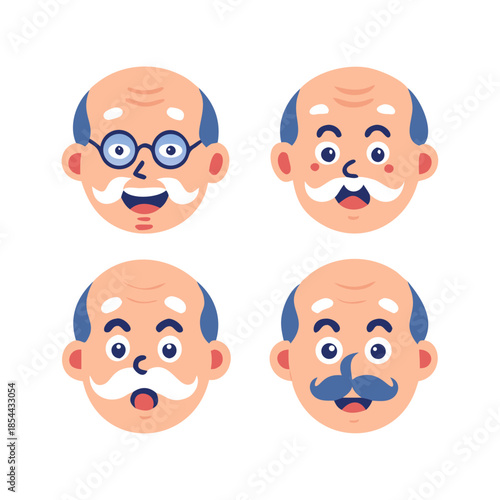 Set of old men face icons. Grandfather character creation set with face emotions