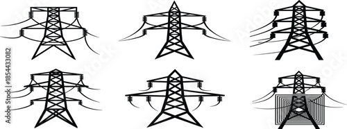 Electricity transmission towers with power lines, abstract utility pylon silhouettes, black vector illustration set for energy infrastructure concepts design usage
