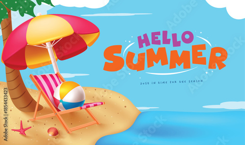 Summer hello text vector design. Hello summer greeting text with chair, sea shell, umbrella, starfish and beachball elements in beach seaside background. Vector illustration hello summer greeting