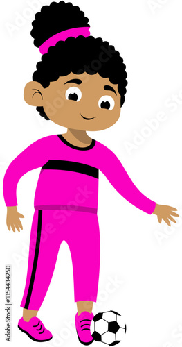 Curly Haired Girl Wearing Long Sleeves Practicing Outside of the Foot Pass Step 2 Soccer Illustration. Editable Color Vector