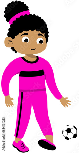 Curly Haired Girl Wearing Long Sleeves Practicing Outside of the Foot Pass Step 3 Soccer Illustration. Editable Color Vector