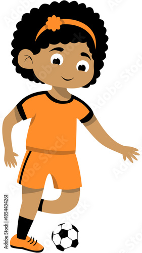 Curly Haired Girl with a Headband Practicing Outside of the Foot Pass Step 1 Soccer Illustration. Editable Color Vector