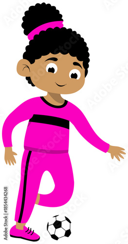 Curly Haired Girl Wearing Long Sleeves Practicing Outside of the Foot Pass Step 1 Soccer Illustration. Editable Color Vector