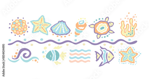 Illustration of a composition with elements of marine life. Art in simple and delicate lines.