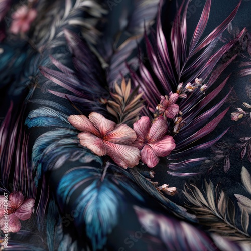 Moody floral fabric with pink blossoms and teal/purple leaves in rich hues