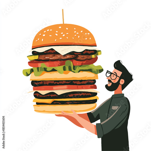 Man holding a giant multilayered burger