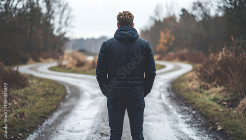 Pensive man at crossroads contemplates choice and decision. solitary figure stands on path, fork in road representing his future